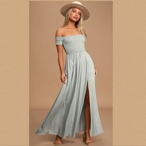 Lulu's Patsy Sage Blue Off-the-Shoulder Dress